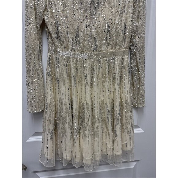 Mac Duggal Size 8 5923 Nude Silver Long Sleeve Embellished Cocktail Dress $498 - Picture 6 of 16